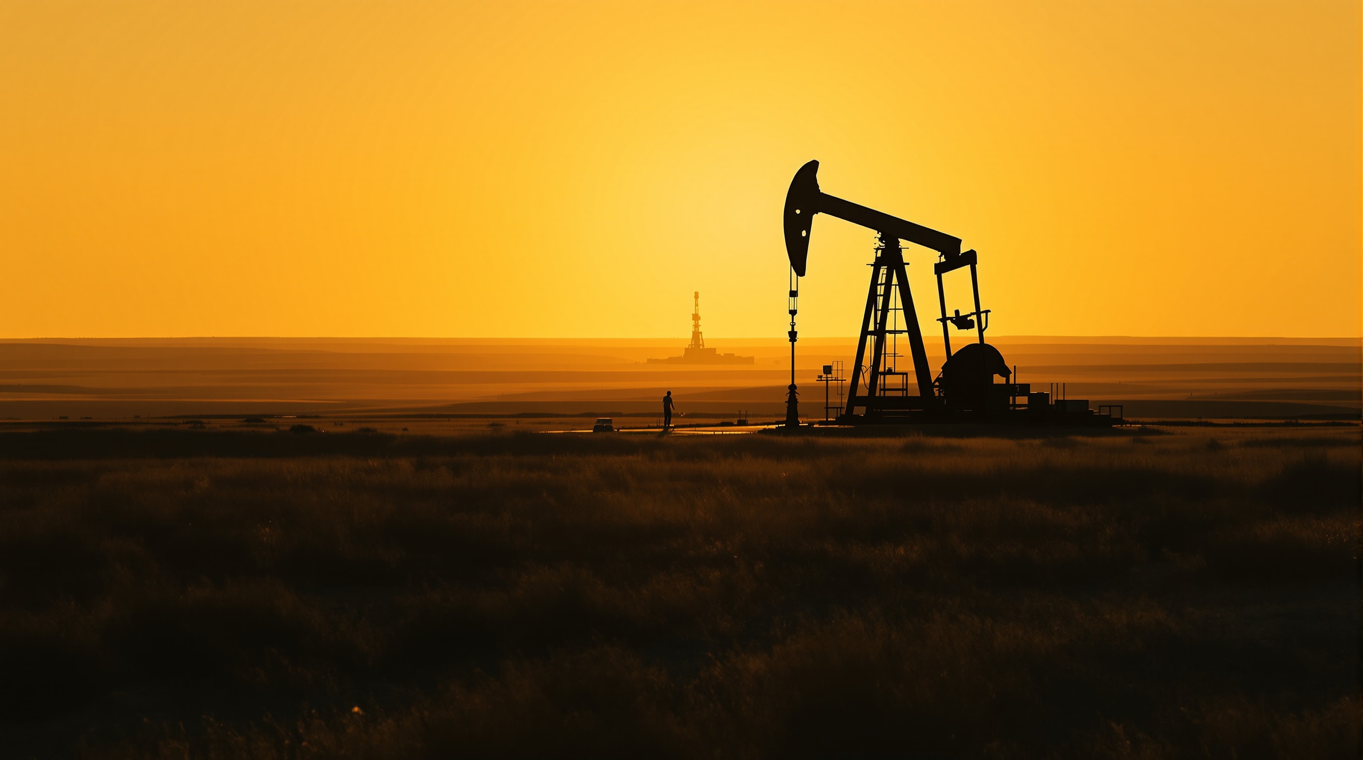 A pumpjack on open plains at sunrise, representing onshore oil and gas production